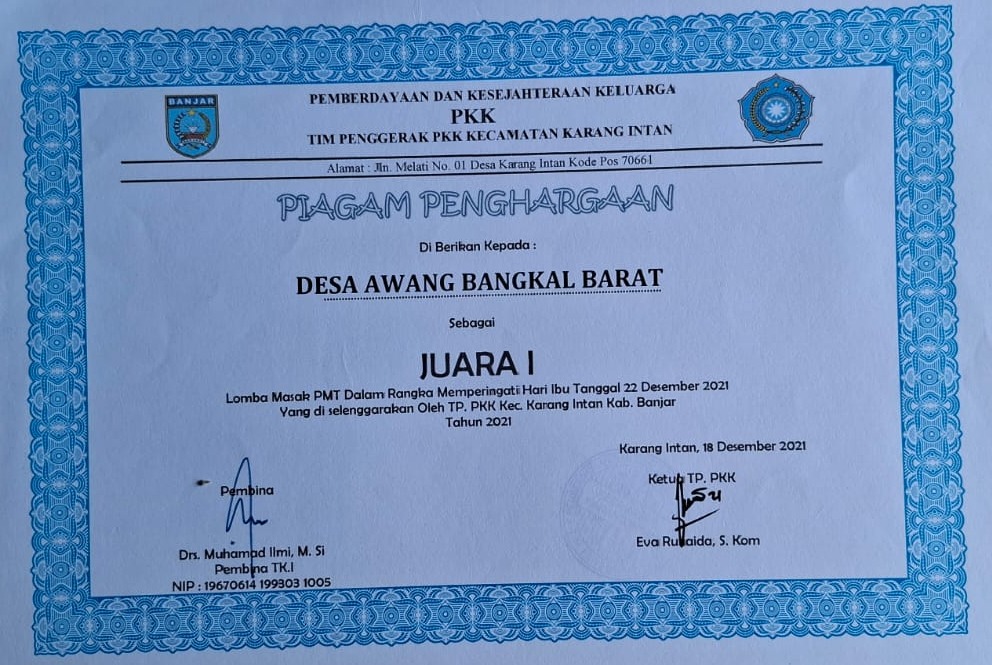Deretan Prestasi dan Penghargaan yang Diraih TP PKK Desa Awang Bangkal Barat