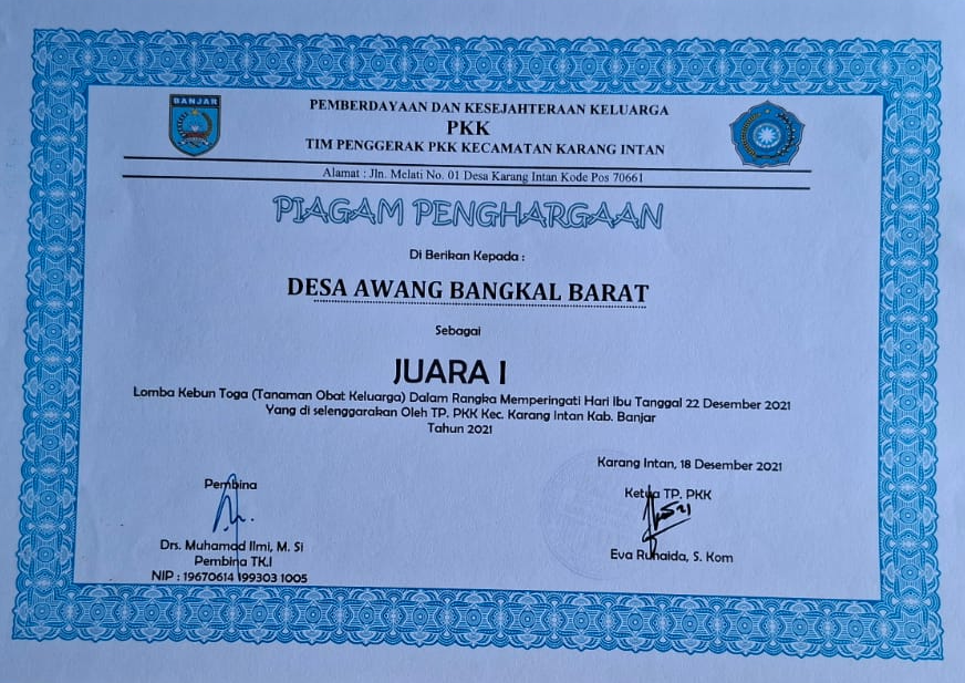 Piagam Penghargaan Juara 1 Lomba Kebun Tanaman Obat Keluarga TOGA 2021