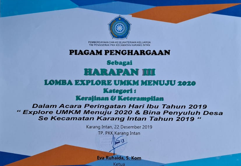 Piagam Juara Harapan III Lomba Explore UMKM Menuju 2020 Kategori Kerajinan dan Keterampilan